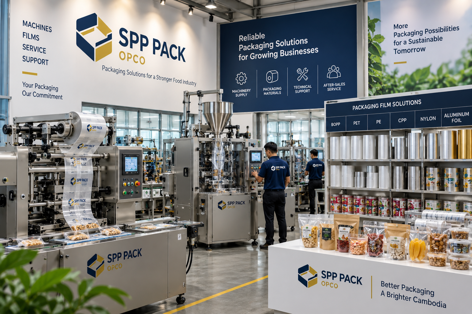 SPP Pack Opco showroom in Cambodia with packaging machines, film rolls and packed food products