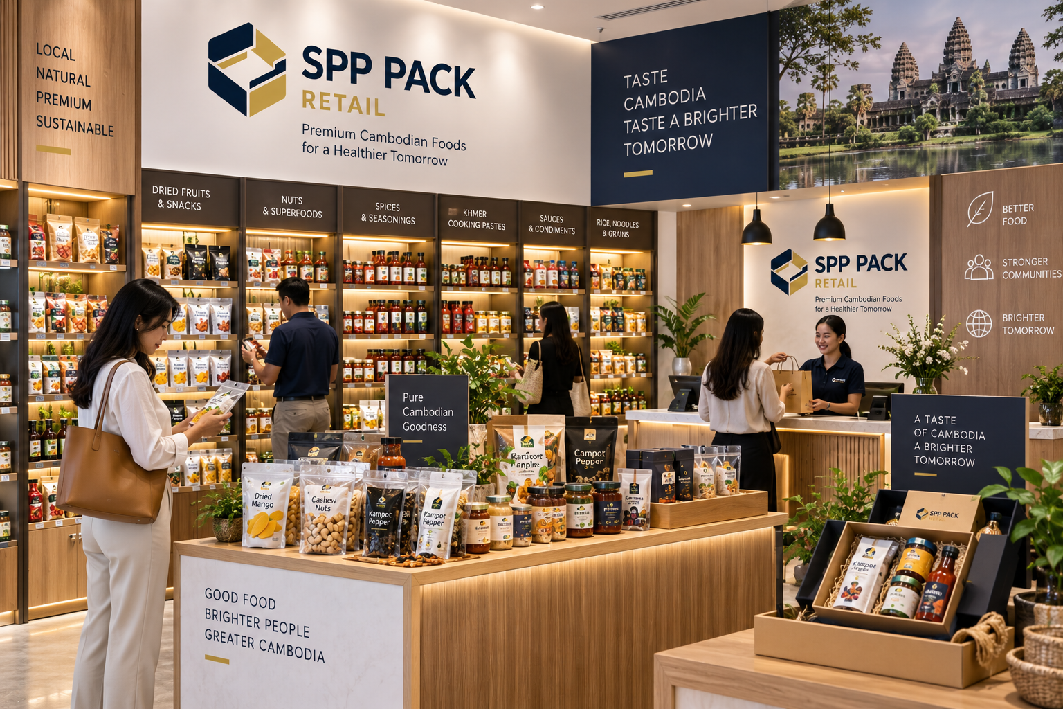 SPP Pack Retail store shelves of premium Cambodian dried fruits, nuts, spices and sauces with shoppers