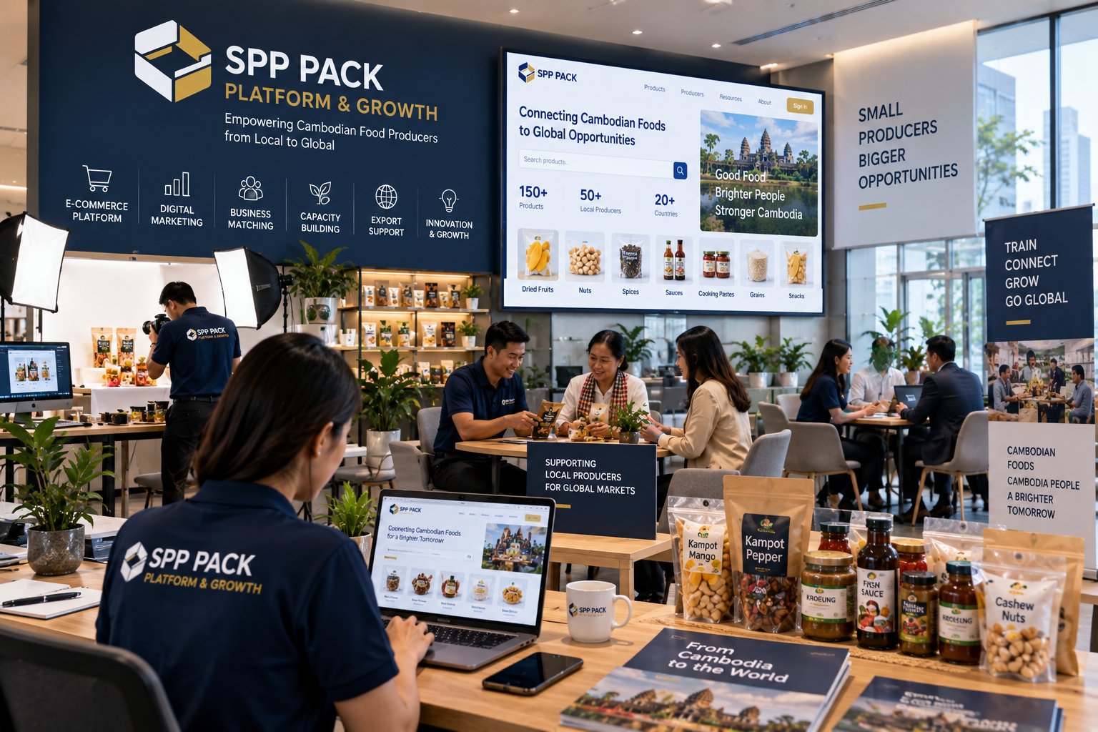 SPP Pack Platform & Growth workspace with the marketplace on screen, product photography and producer meetings