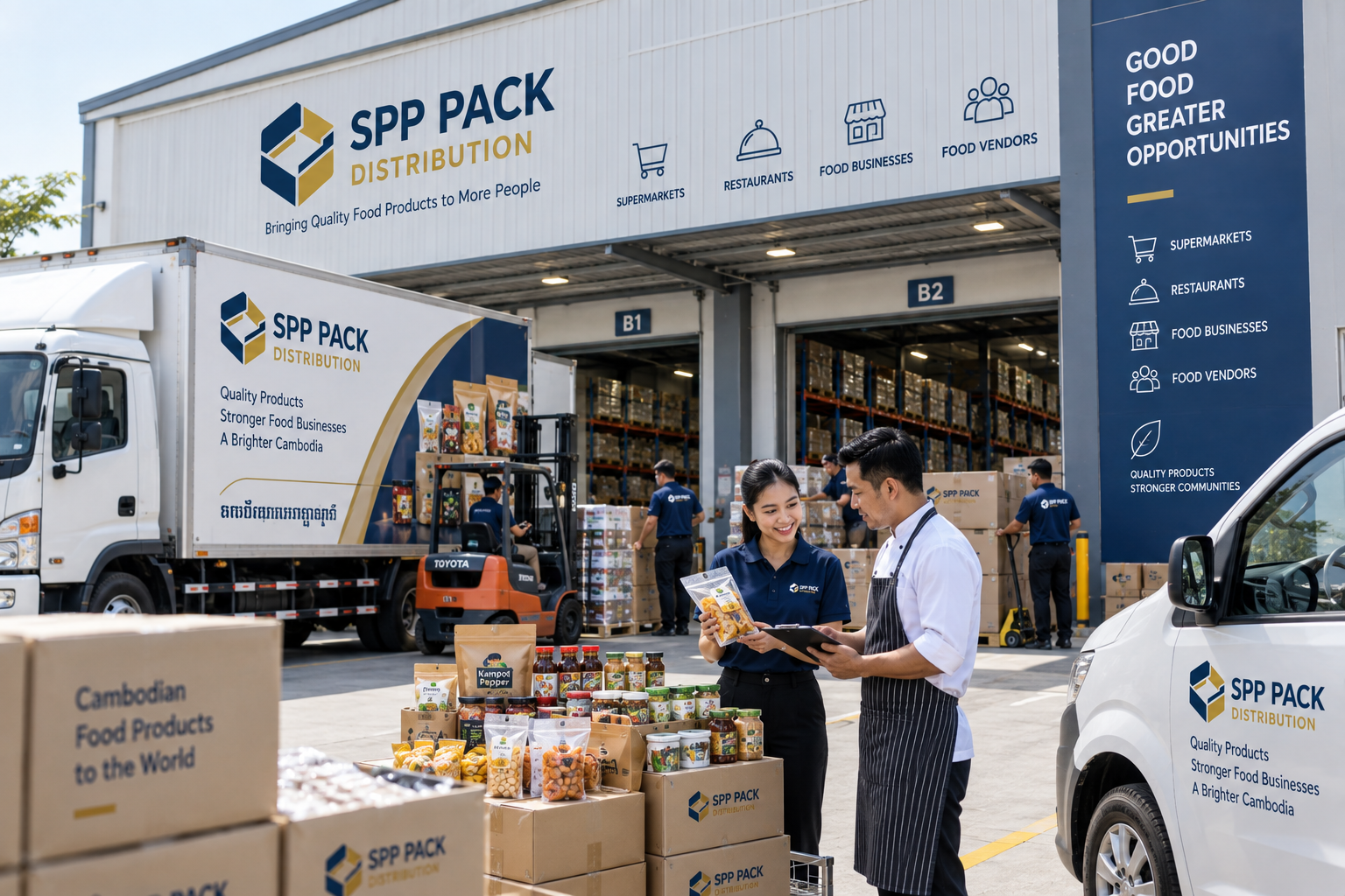 SPP Pack Distribution warehouse with delivery trucks and staff presenting Cambodian food products to a chef